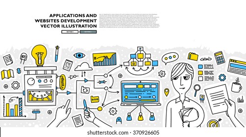 Flat Style, Thin Line Art Design. Set of application development, web site coding, information and mobile technologies vector icons and elements. Modern concept vectors collection