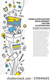 Flat Style, Thin Line Art Design. Set of application development, web site coding, information and mobile technologies vector icons and elements. Modern concept vectors collection