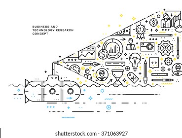 Flat Style, Thin Line Art Design. Set of application development, web site coding, information and mobile technologies vector icons and elements. Modern concept vectors collection. Submarine Concept.