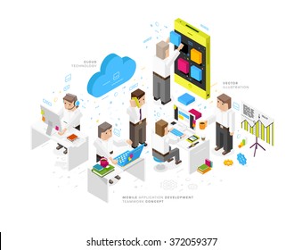 Flat Style, Thin Line Art Design. Set Of Mobile Application Development, Web Site Coding, Business And Teamwork Vector Icons And Elements. Modern Concept Collection. Isometric View Projection.