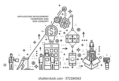 Flat Style, Thin Line Art Design. Set of application development, web site coding, information and mobile technologies vector icons and elements. Modern concept vectors collection