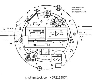 Flat Style, Thin Line Art Design. Set of application development, web site coding, information and mobile technologies vector icons and elements. Modern concept vectors collection