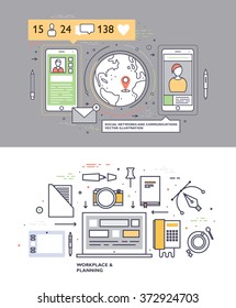 Flat Style, Thin Line Art Design. Set of Application Development, Web Site Coding, Information and Mobile Technologies Vector Icons and Elements. Modern Concept Vectors Collection