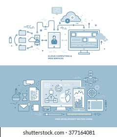 Flat Style, Thin Line Art Design. Set of application development, web site coding, information and mobile technologies vector icons and elements. Modern concept vectors collection