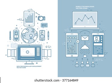 Flat Style, Thin Line Art Design. Set of application development, web site coding, information and mobile technologies vector icons and elements. Modern concept vectors collection