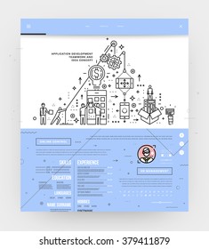Flat Style, Thin Line Art Design. Set of application development, web site coding, information and mobile technologies vector icons and elements. Modern concept vectors collection