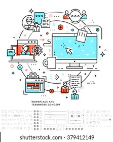 Flat Style, Thin Line Art Design. Set of application development, web site coding, information and mobile technologies vector icons and elements. Modern concept vectors collection