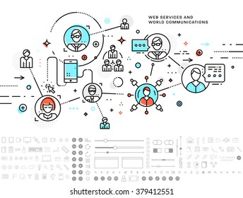 Flat Style, Thin Line Art Design. Set of application development, web site coding, information and mobile technologies vector icons and elements. Modern concept vectors collection
