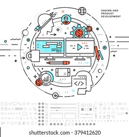 Flacher Stil, Design der schlichten Linien. Set von Anwendungsentwicklung, Web-Site-Codierung, Informationen und mobile Technologien Vektorsymbole und -elemente. Moderne Kollektion von Vektorgrafiken