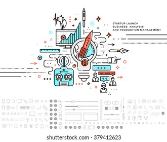 Flat Style, Thin Line Art Design. Set of application development, web site coding, information and mobile technologies vector icons and elements. Modern concept vectors collection