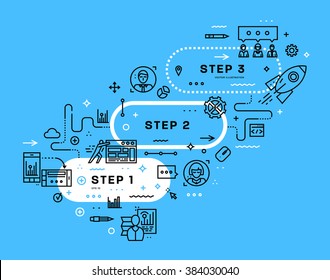 Flat Style, Thin Line Art Design. Set of application development, web site coding, information and mobile technologies vector icons and elements for landing page. Modern concept vectors collection.