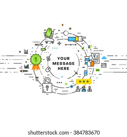 Flat Style, Thin Line Art Design. Set of application development, web site coding, information and mobile technologies vector icons and elements for landing page. Modern concept vectors collection