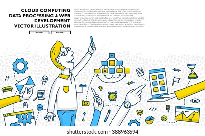 Flat Style, Thin Line Art Design. Set of application development, web site coding, information and mobile technologies vector icons and elements. Modern concept vectors collection