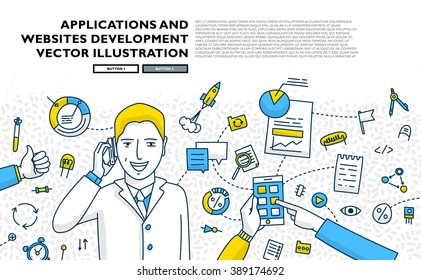 Flacher Stil, Design der schlichten Linien. Set von Anwendungsentwicklung, Web-Site-Codierung, Informationen und mobile Technologien Vektorsymbole und -elemente. Moderne Kollektion von Vektorgrafiken