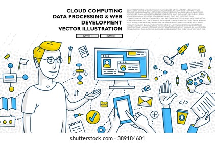 Flat Style, Thin Line Art Design. Set of application development, web site coding, information and mobile technologies vector icons and elements. Modern concept vectors collection