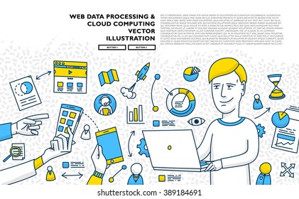 Estilo Plano, Diseño De Arte De Línea Delgada. Conjunto de elementos e iconos vectoriales de desarrollo de aplicaciones, codificación de sitios web, información y tecnologías móviles. Colección moderna de vectores de concepto