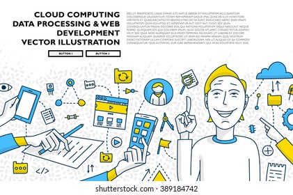 Flat Style, Thin Line Art Design. Set of application development, web site coding, information and mobile technologies vector icons and elements. Modern concept vectors collection