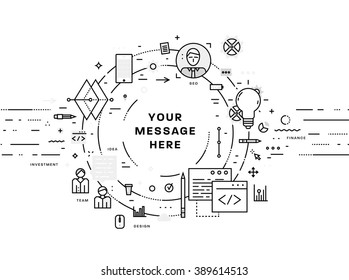 Estilo Plano, Diseño De Arte De Línea Delgada. Conjunto de elementos e iconos vectoriales de desarrollo de aplicaciones, codificación de sitios web, información y tecnologías móviles. Colección moderna de vectores de concepto