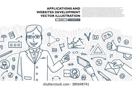 Flat Style, Thin Line Art Design. Set of application development, web site coding, information and mobile technologies vector icons and elements. Modern concept vectors collection