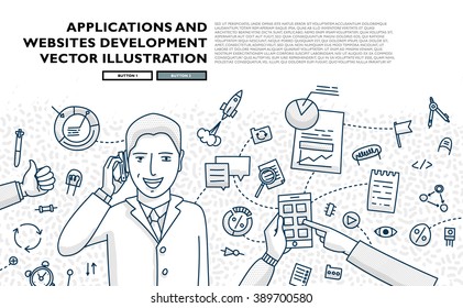 Estilo Plano, Diseño De Arte De Línea Delgada. Conjunto de elementos e iconos vectoriales de desarrollo de aplicaciones, codificación de sitios web, información y tecnologías móviles. Colección moderna de vectores de concepto