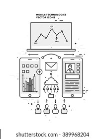 Flat Style, Thin Line Art Design. Set of application development, web site coding, information and mobile technologies vector icons and elements. Modern concept vectors collection