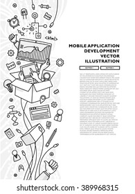 Flat Style, Thin Line Art Design. Set of application development, web site coding, information and mobile technologies vector icons and elements. Modern concept vectors collection