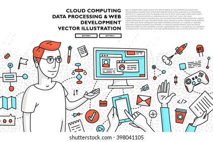 Flat Style, Thin Line Art Design. Set of application development, web site coding, information and mobile technologies vector icons and elements. Modern concept vectors collection