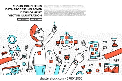 Flacher Stil, Design der schlichten Linien. Set von Anwendungsentwicklung, Web-Site-Codierung, Informationen und mobile Technologien Vektorsymbole und -elemente. Moderne Kollektion von Vektorgrafiken