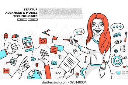 Estilo Plano, Diseño De Arte De Línea Delgada. Conjunto de elementos e iconos vectoriales de desarrollo de aplicaciones, codificación de sitios web, información y tecnologías móviles. Colección moderna de vectores de concepto