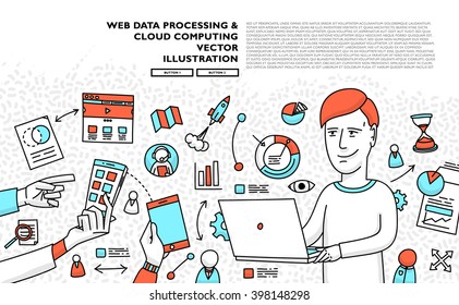 Flat Style, Thin Line Art Design. Set of application development, web site coding, information and mobile technologies vector icons and elements. Modern concept vectors collection
