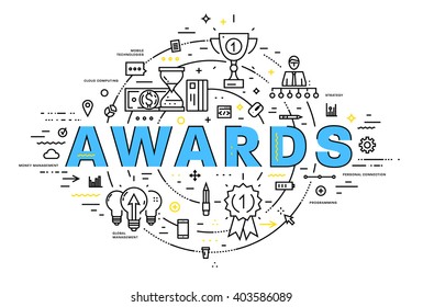 Flat Style, Thin Line Art Design. Set of application development, web site coding, information and mobile technologies vector icons and elements. Modern concept vectors collection. Awards Concept