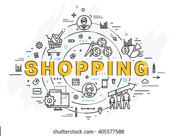 Flat Style, Thin Line Art Design. Set of application development, web site coding, information and mobile technologies vector icons and elements. Modern concept vectors collection. Shopping Concept