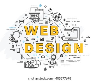 Flat Style, Thin Line Art Design. Set of application development, web site coding, information and mobile technologies vector icons and elements. Modern concept vectors collection. Web Design Concept