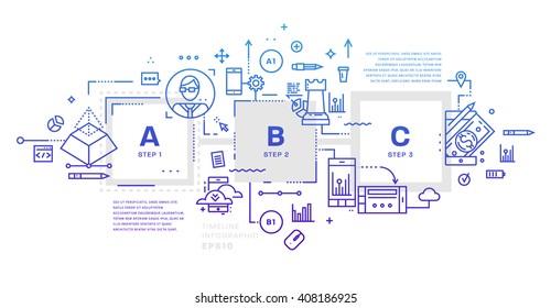 Flat Style, Thin Line Art Design. Set of application development, web site coding, information and mobile technologies vector icons and elements. Modern concept vectors collection. Steps and Options.