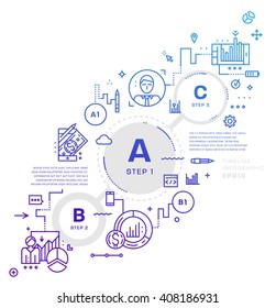 Flacher Stil, Design der schlichten Linien. Set von Anwendungsentwicklung, Web-Site-Codierung, Informationen und mobile Technologien Vektorsymbole und -elemente. Moderne Konzeptvektorkollektion. Schritte und Optionen.