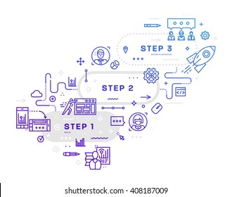 Flacher Stil, Design der schlichten Linien. Set von Anwendungsentwicklung, Web-Site-Codierung, Informationen und mobile Technologien Vektorsymbole und -elemente. Moderne Konzeptvektorkollektion. Schritte und Optionen.