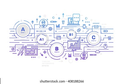 Flat Style, Thin Line Art Design. Set of application development, web site coding, information and mobile technologies vector icons and elements. Modern concept vectors collection. Steps and Options.