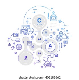 Flat Style, Thin Line Art Design. Set of application development, web site coding, information and mobile technologies vector icons and elements. Modern concept vectors collection. Steps and Options.