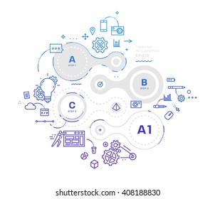 Flat Style, Thin Line Art Design. Set of application development, web site coding, information and mobile technologies vector icons and elements. Modern concept vectors collection. Steps and Options.