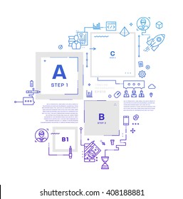 Estilo Plano, Diseño De Arte De Línea Delgada. Conjunto de elementos e iconos vectoriales de desarrollo de aplicaciones, codificación de sitios web, información y tecnologías móviles. Colección moderna de vectores conceptuales. Pasos y opciones.