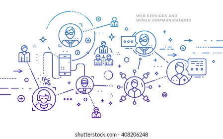 Flat Style, Thin Line Art Design. Set of application development, web site coding, information and mobile technologies vector icons and elements. Modern concept vectors collection