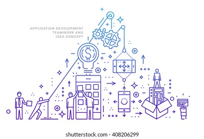 Flat Style, Thin Line Art Design. Set of application development, web site coding, information and mobile technologies vector icons and elements. Modern concept vectors collection