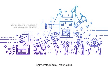 Flat Style, Thin Line Art Design. Set of application development, web site coding, information and mobile technologies vector icons and elements. Modern concept vectors collection