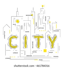 Flat style, thin line art design. An outline of the city is digitally designed on a white spread. Modern concept of vector illustration. Best used as presentation, posters or as icons.