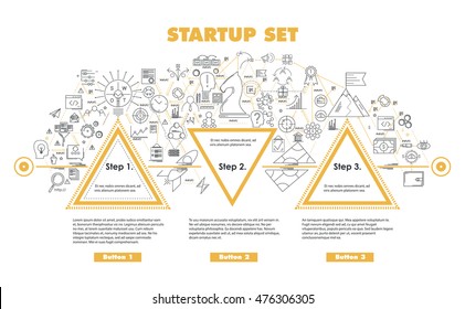 Flat Style, Thin Line Art Design. Set of start up, finance, application development, web site coding, business work flow and mobile technologies vector icons and info graphic elements. 