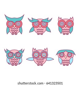 Flat Style, Thin Line Art Design.Set of modern vector line design owl icons. Owl icon.Owl outline icons.