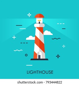 Flat Style, Thin Line Art Design of lighthouse. Illustration for application, web site development, information, mobile technologies vector icons or elements. Easy to edite, resize and customize.
