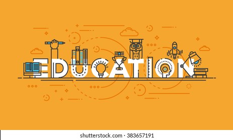 Flat Style, Thin Line Banner design of E learning, books, thinking, idea, achievement, learning, education, etc. Modern concept. Vector Illustartion