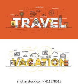 Flat Style, Thin Line Banner design of Travel and Vacation, Colors, Drawing, vision, etc. Modern concept. Vector Illustartion