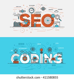 Flat Style, Thin Line Banner design of Seo Optimization and Coding, Colors, Drawing, vision, etc. Modern concept. Vector Illustartion